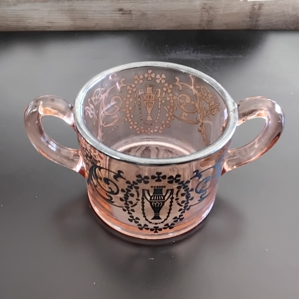 Vintage Pink Depression Glass Creamer and Sugar Set with Silver Overlay - Picture 5 of 8